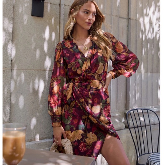Vici Dresses & Skirts - 🌾 VICI Red Fall Floral Long Sleeve Asymmetrical Midi Wrap Dress